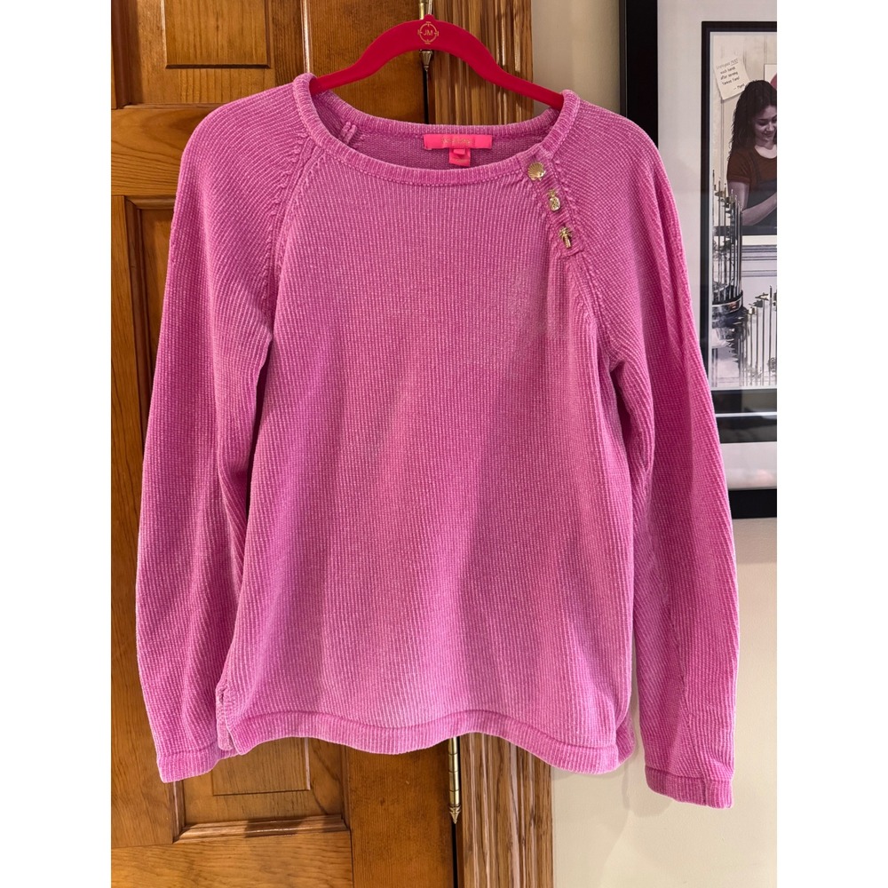 Lilly Pulitzer Pink Chenille Sweater Gold Shell Pineapple Palm Buttons Medium